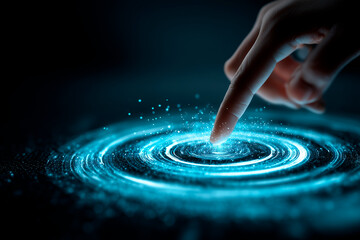Hand touching virtual screen circular diagram, technology innovation concept