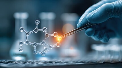 Molecular Structure Examination in Laboratory with Scientific Equipment and Glowing Particle by Researcher in Blue Gloves