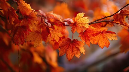 Vibrant Autumn Maple Leaves in Warm Sunlight, Close-Up Macro Photography
