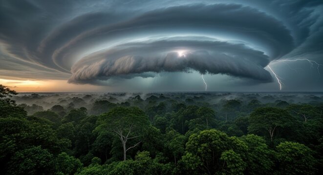 Dramatic storm clouds and lightning over lush green rainforest canopy landscape view - Powered by Adobe