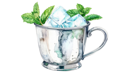 A watercolor illustration of a silver mug filled with ice cubes and fresh green mint sprigs, set against a transparent backdrop