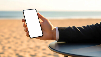 Hand holding smartphone with blank screen at beach cafe setting, perfect for travel apps, lifestyle branding, and vacation marketing visuals.