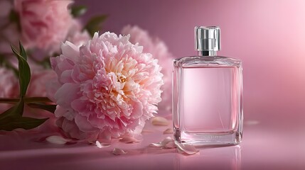 Elegant pink perfume bottle displayed beside delicate peony flowers in soft, alluring light