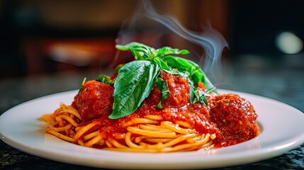 A vibrant and enticing close-up of classic spaghetti and meatballs, featuring piping hot pasta, savory meatballs, rich tomato sauce, and fresh basil, ready to be savored