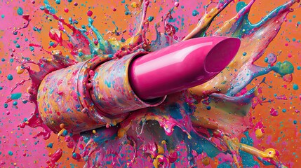 Dynamic Explosion of Vibrant Colorful Paint Splatters around a Chic Pink Lipstick, Blending Beauty Product Aesthetics with Energetic Abstract Art