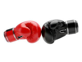 Red and Black Boxing Gloves Facing Off: Competition and Challenge Concept on white background