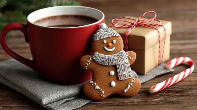 Enjoying hot cocoa with a gingerbread cookie at home during winter season near a gift box and candy cane