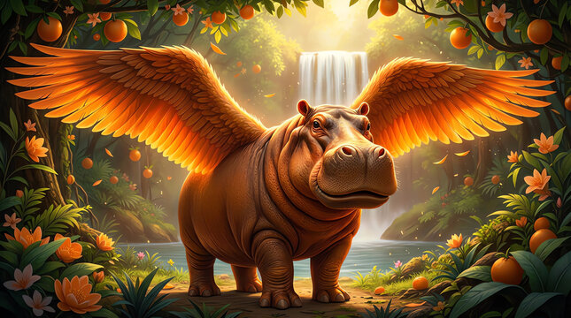 oranges Nilpferd mit Fl&uuml;geln steht in einem Dschungel umgeben von exotischen Pflanzen und einem Wasserfall im Hintergrund 