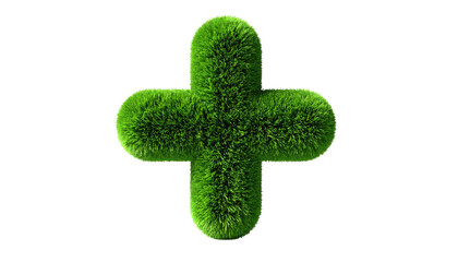 A grassy plus sign against a black background. Its fluffy texture and bright green color create a striking visual contrast