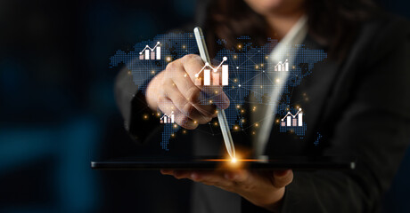 Visualization of global economic growth and stock market data. Financial chart analysis shows...