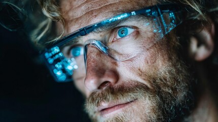 Intense gaze of a man wearing futuristic augmented reality glasses in a dark digital world setting now