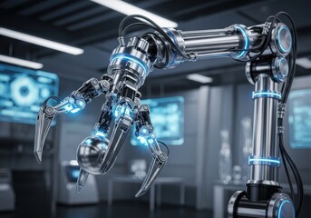 Sophisticated industrial manipulator arm precisely grasping a metallic sphere within a modern laboratory setting