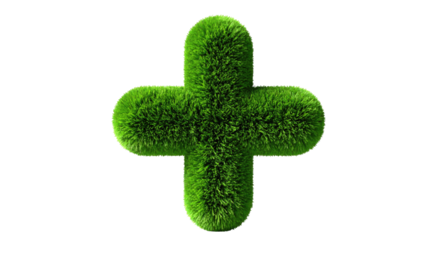 A grassy plus sign against a black background. Its fluffy texture and bright green color create a striking visual contrast - Powered by Adobe