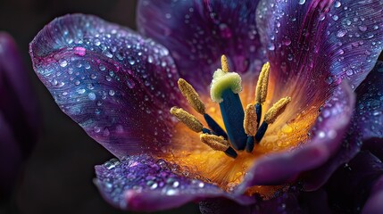 Close-up macro shot of a vibrant purple tulip blooming with dew drops on its petals, showcasing its intricate details and rich colors against a dark background