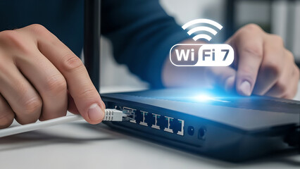 Man plugging an ethernet cable into a modern router for high-speed Wi Fi 7 internet connection. Future technology for home and office network setup.