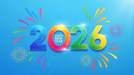 Vibrant 2026 New Year Celebration with Colorful Fireworks and Typography on Blue Background