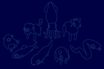 Low poly animal set in a sketch-like contour style, arranged in a circle on a calming blue background. Each creature has unique features and characteristics.