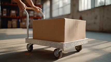 Loading Dock Worker Pushing Cart with Large Cardboard Box in Sunlit Warehouse