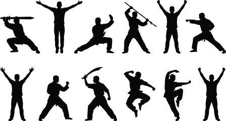 Martial arts silhouettes, dynamic combat stances, weapon poses, karate and kung fu action, flat vector illustration, cad drawing, stock asset © LatifunNahar