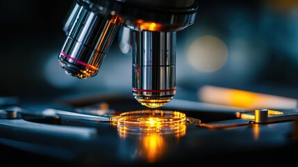 Close-Up View of Microscope Objective Lenses Focusing on Glass Slide with Vibrant Light Reflections in a Scientific Laboratory Setting