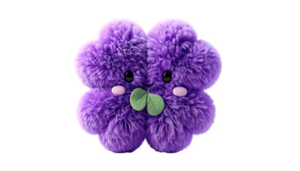 A fluffy, purple clover-shaped creature, complete with an adorable face, rosy cheeks, and holding a small green leaf