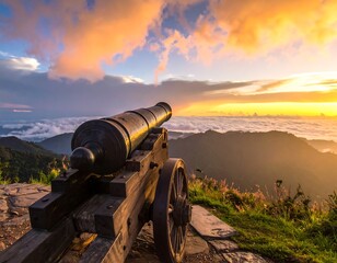 Antique bronze cannon on a stone platform, with rolling hills and a vibrant sunset above a sea of clouds