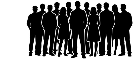 A line of diverse silhouettes stands together in unity, symbolizing teamwork, community, and collaboration. Suitable for business, education, and social themes focused