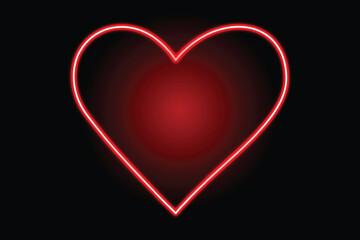 A vibrant glowing red neon heart outline set against a stark black background