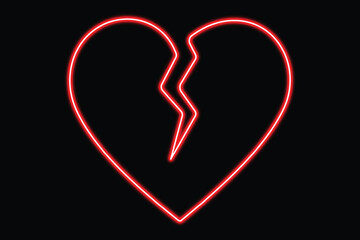 The symbol of a shattered heart glowing with a bright red neon light on a dark backdrop