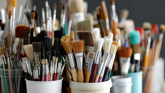Explore various painting brushes in an art studio displayed together for artists to select for their creative projects