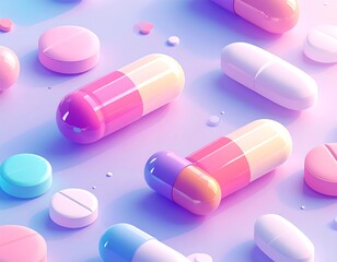 Assorted colorful pills, capsules and tablets, scattered on a softly lit, gradient surface, representing health and medicine
