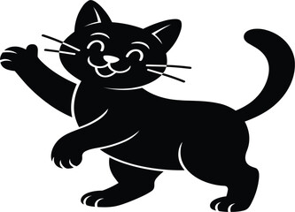 Happy Cartoon Black Cat Standing And Waving A Paw Vector Graphic Illustration