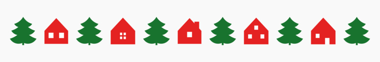 Cute red houses and Christmas trees holiday border. Vector illustration