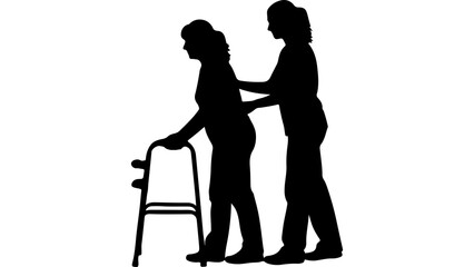 Caregiver assisting senior woman with walker with transparent background