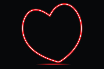 A vibrant red neon heart shape glowing brightly against a solid black background, representing love and romance