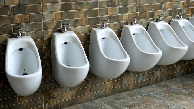 Men use urinals in a public restroom with tiled walls and floors