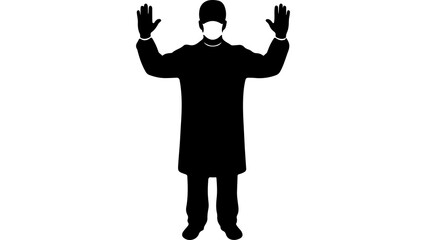 Person in coat with hands raised with transparent background