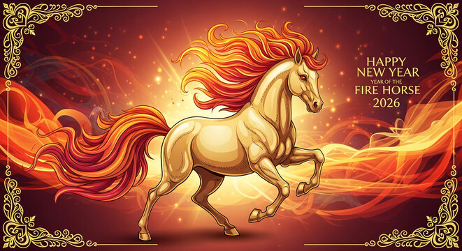 Illustration of a golden horse with fiery mane on red background, year of the Fire Horse 2026, representing power, energy, and festive celebration