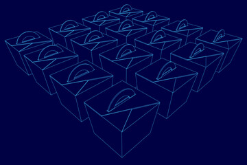 A set of white food containers with clean contours arranged in an overlapping pattern on a solid blue background.