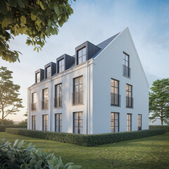 Modern Luxury Real Estate Property Featuring Minimalist White Architecture with Large Windows and Professional Landscaping