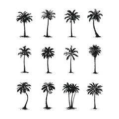Fototapeta premium Hand Drawn Palm Tree Silhouette Vector Set in Vintage Engraving Style, Black and White Tropical Tree Collection