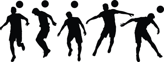 Five black silhouette soccer players heading a ball on a white background football sport © Shahajan