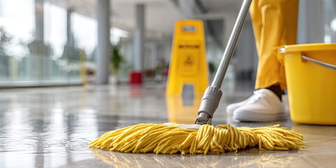 Cleaner Mopping Shiny Floor in Modern Office with Yellow Caution Sign Indicating Safety and