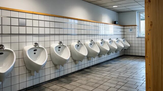 Group of restroom urinals in a public facility with tiled walls and bright lighting during daytime hours