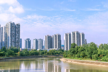 Obraz premium High-rise housing buildings around Jinjiang in Wuhou District, Chengdu City, Sichuan Province, China