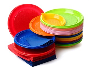 Assorted colorful plastic plates and folded napkins, arranged in a stack, next to a pile and a single plate