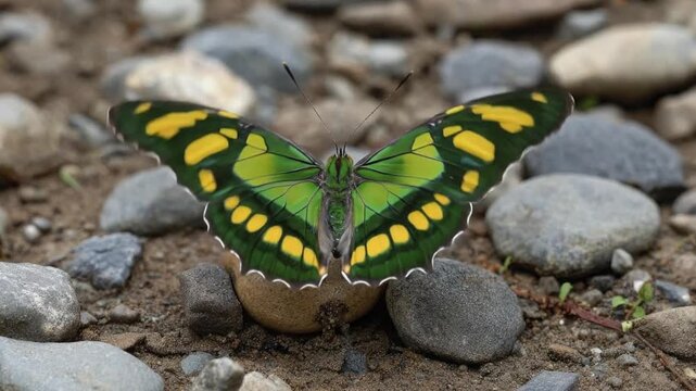 A stunning close-up of a vibrant butterfly showcasing its magnificent wings with intricate patterns of bright green and bold yellow. The delicate insect is captured resting gracefully on the earthy gr