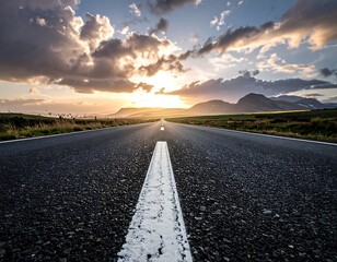 An asphalt road stretches towards the sun as it sets behind distant mountain ranges, clouds illuminated