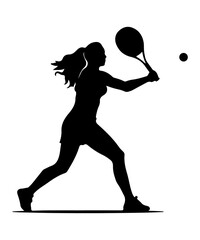silhouette of long tennis player playing vector art illustration
