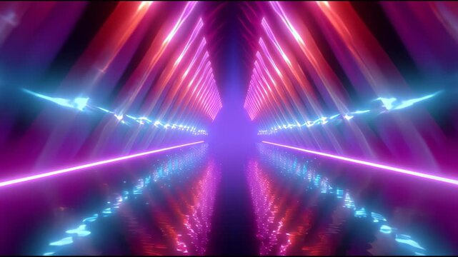 Abstract red and Blue Neon Geometric Triangle Tunnel with Reflection. Seamless Loop Flying Forward in Sci-Fi Stage Background Cool Background Animation HIgh Motion